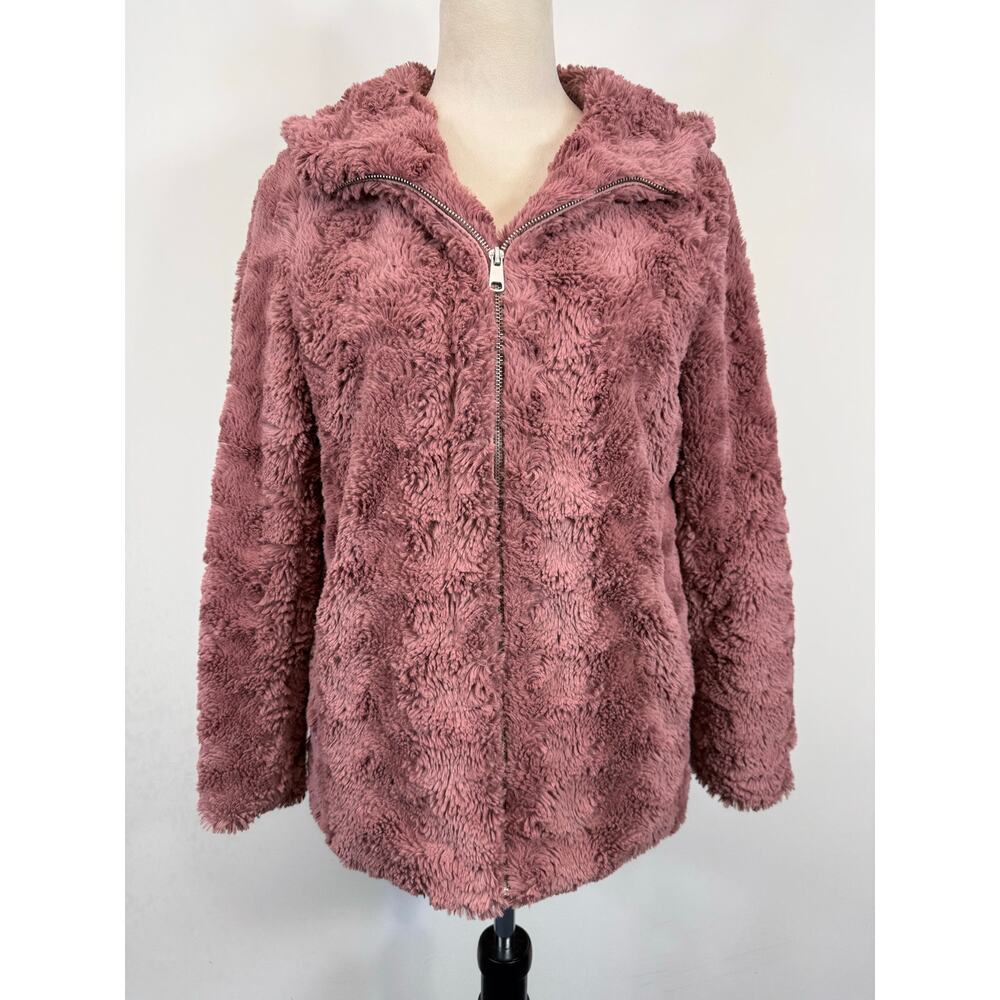 Forever 21 Pink Faux Fur Hooded Coat Soft Cozy Zip Front Sz S Coquette Statement